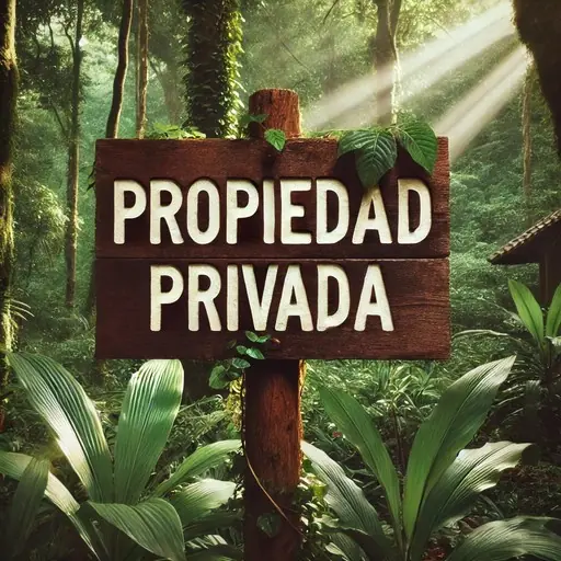 Letrero de madera en medio de la selva que dice Propiedad Privada